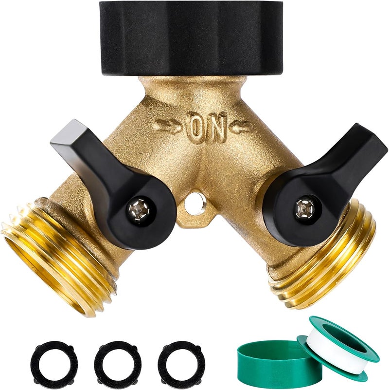 Dalmbox Garden Hose Splitter 2 Way, Y Connector Brass Garden Hose Adapter, Water Hose Splitter, Double Shut Off Valve, Includes 3 Rubber Washers & Teflon Tape(1 pack) - Image 1
